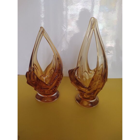 Vintage Chalet Canada Art Glass Vases Amber/Orange set of 2 1960's 11" - Picture 1 of 16